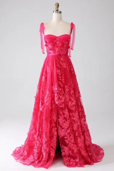 A-Line Spaghetti Straps Fucsia Abito Lungo Prom con Spacco