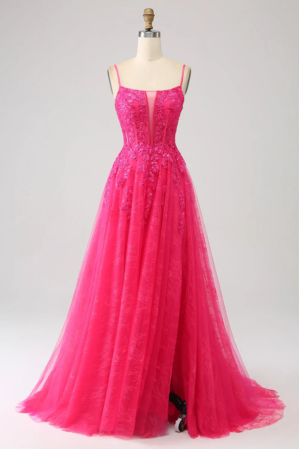 Abito da ballo fucsia con spacco lungo in pizzo bustier A-Line