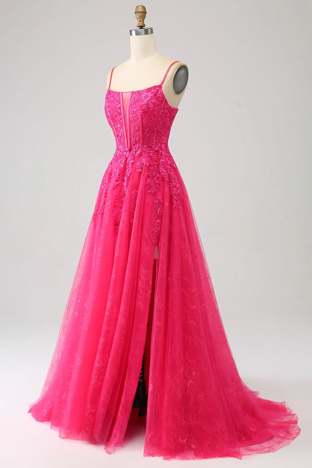 Abito da ballo fucsia con spacco lungo in pizzo bustier A-Line