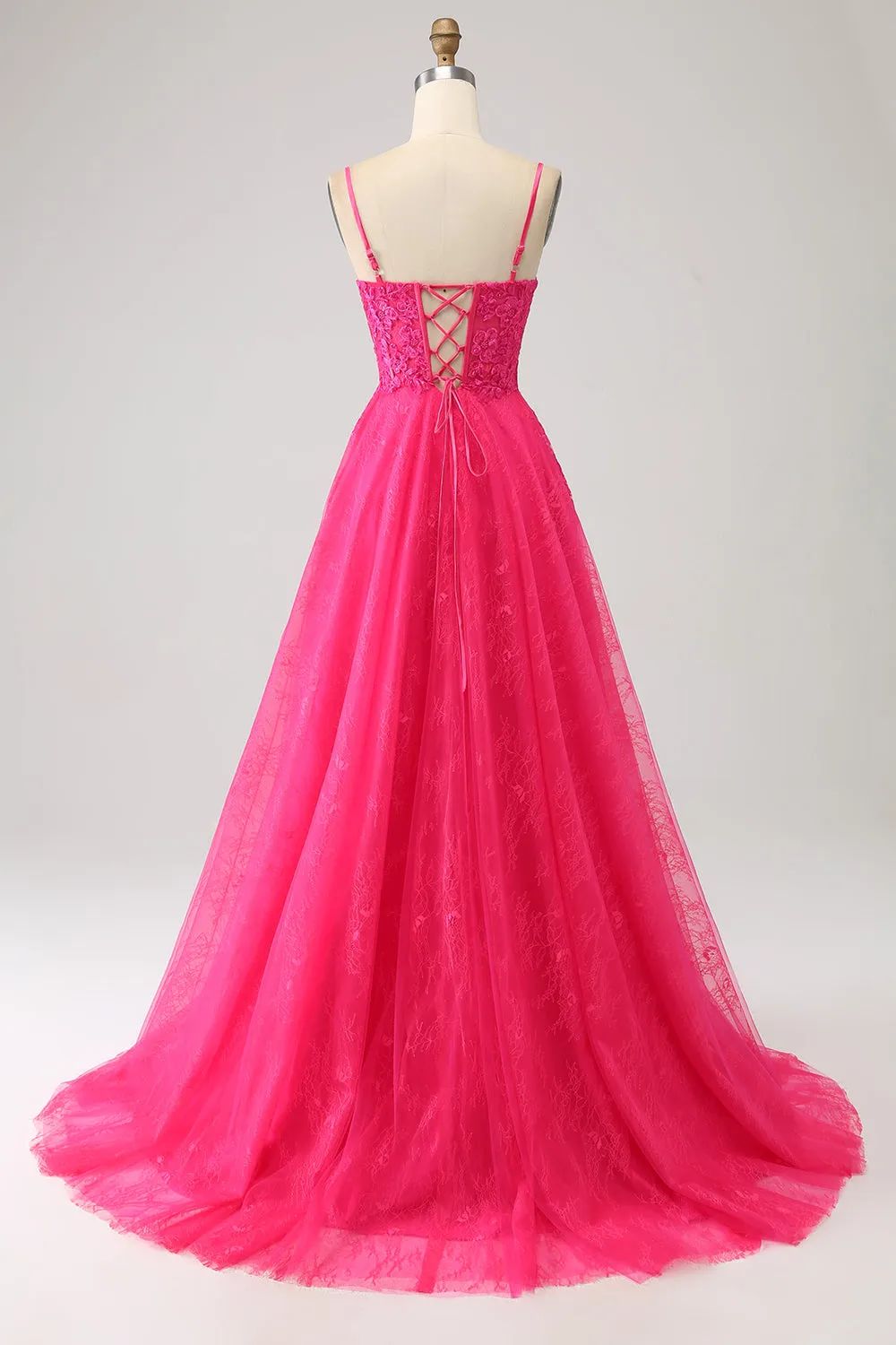 Abito da ballo fucsia con spacco lungo in pizzo bustier A-Line