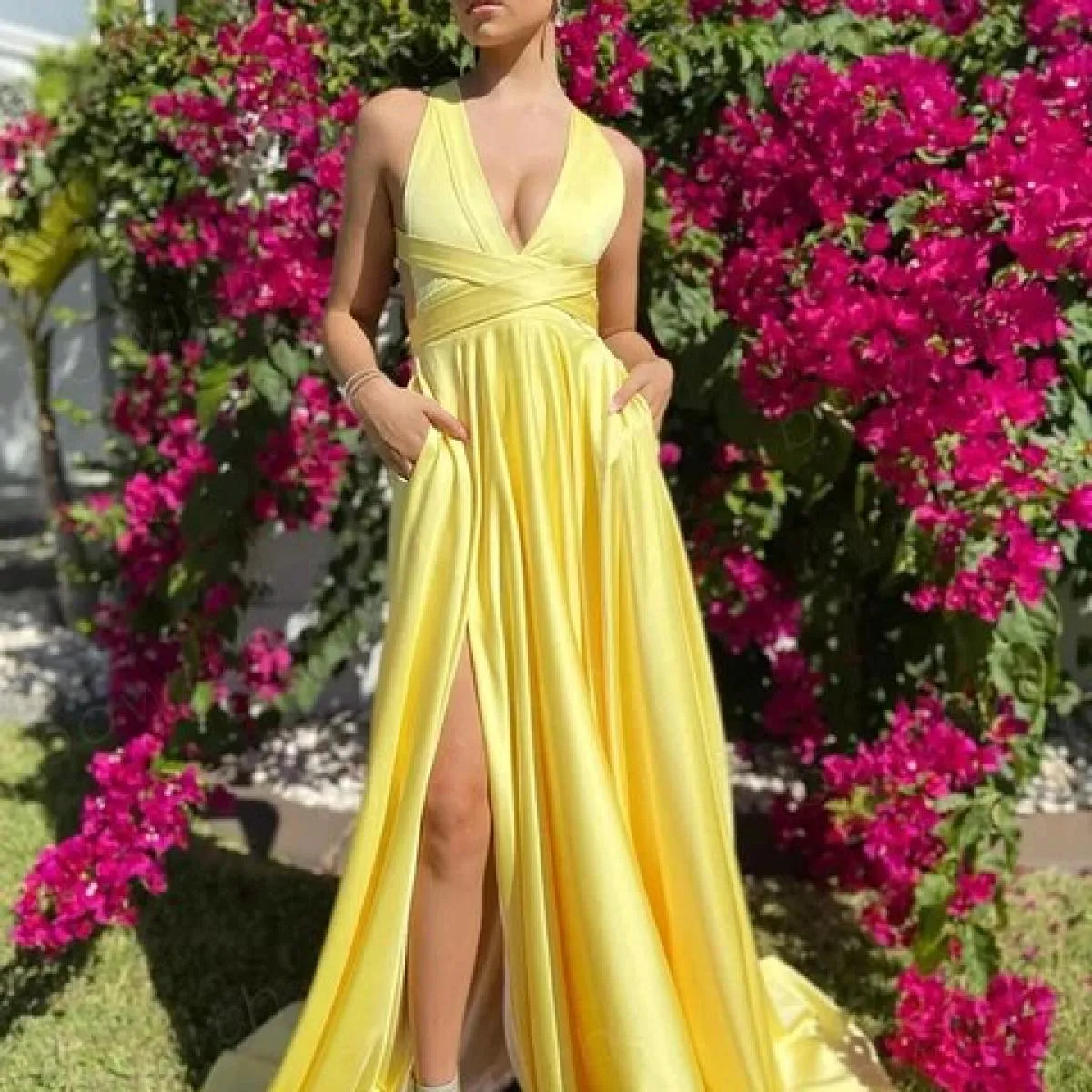Abito da sera in raso giallo Abito da festa per donna con abiti da cerimonia con spacco alto per la festa di compleanno Robe De