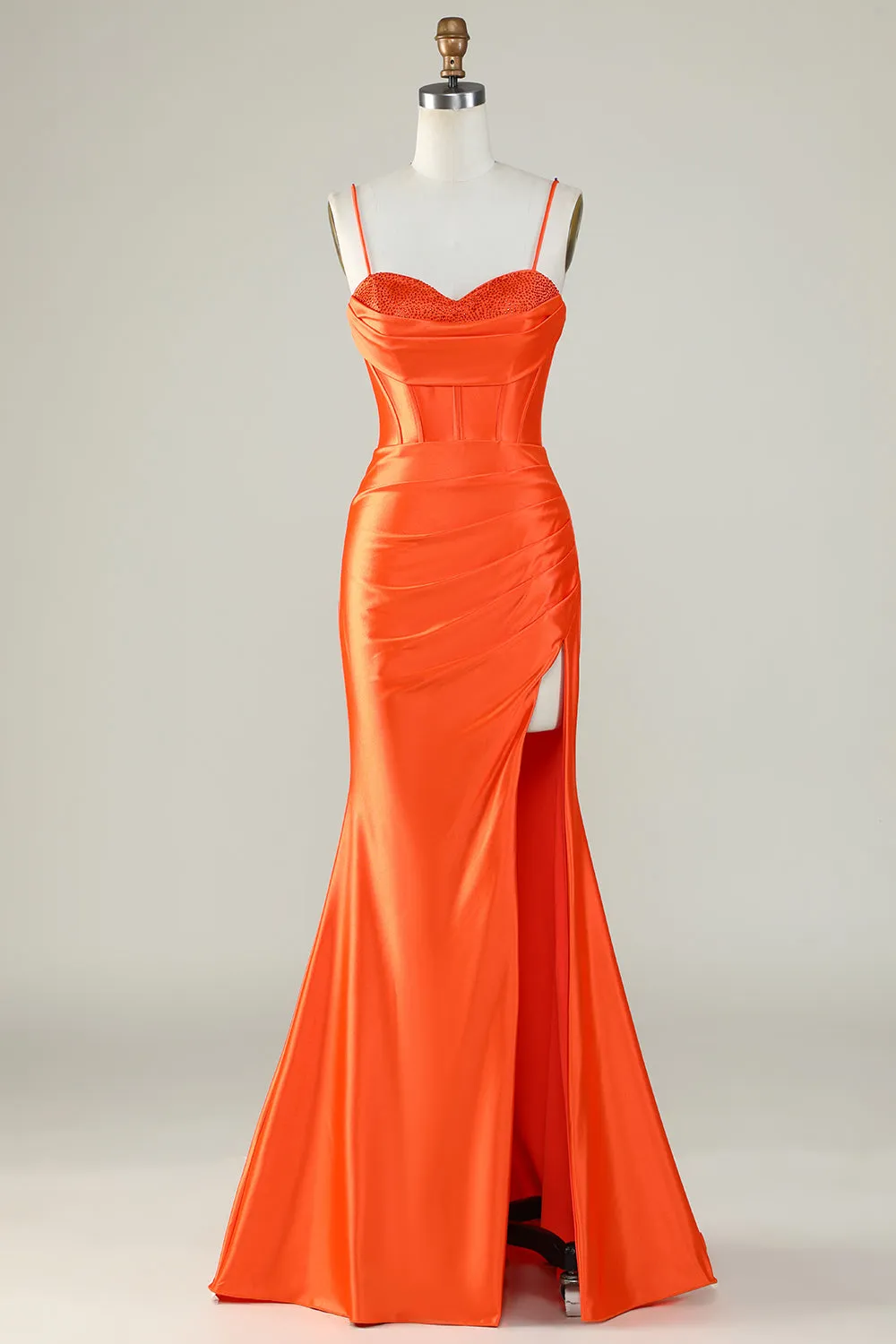 Arancione sirena Spalline sottili lungo corsetto Abito da ballo con fessura