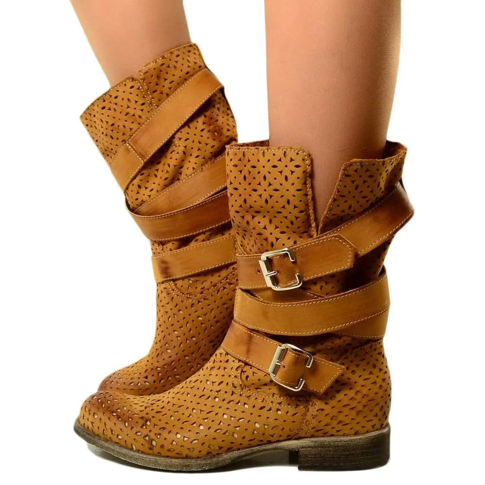 Biker Boots Stivaletti Traforati in Pelle Nabuk Cuoio
