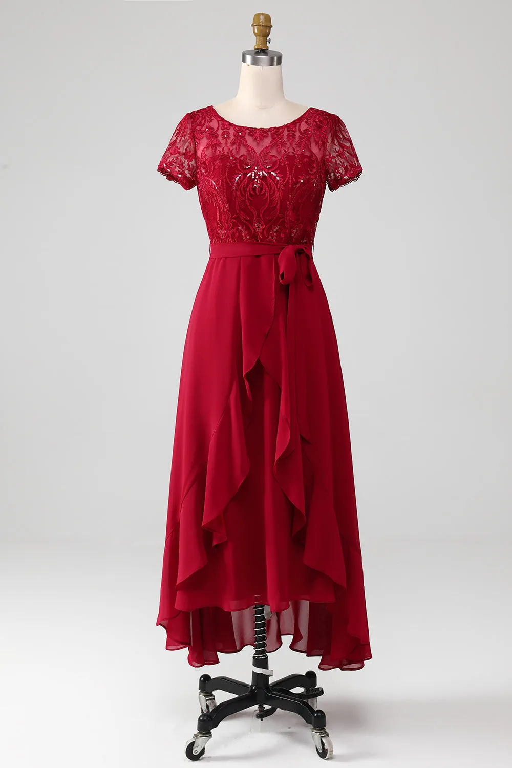 Borgogna asimmetrico scintillante paillettes madre di abito da sposa con appliques