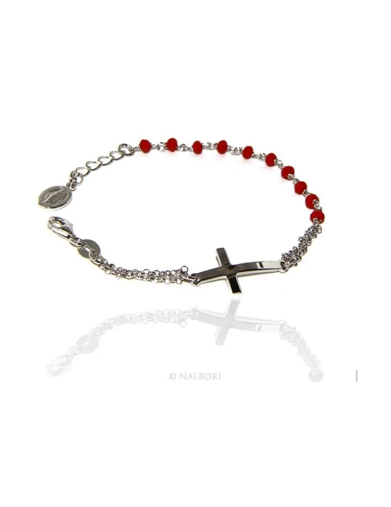 Bracciale rosario uomo donna in Argento 925 madonna , croce curva e cristallo rosso 15,00 17,50 cm