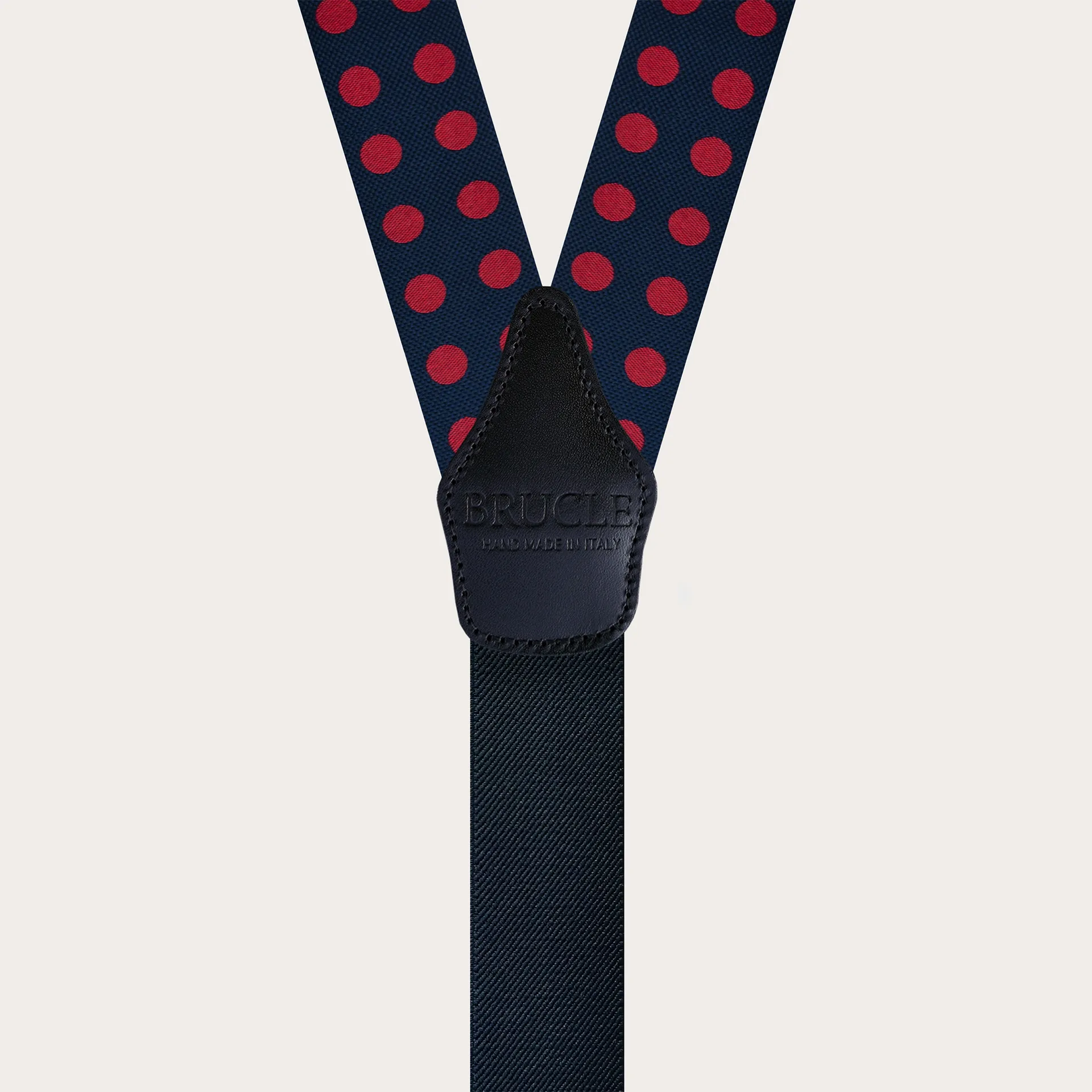 Bretelle uomo in seta blu con macro pois rossi per bottoni