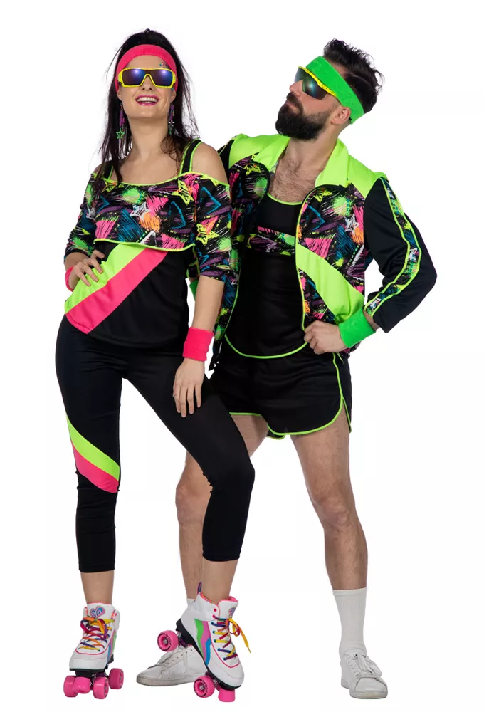 Costume da donna da aerobica anni '80 nero-neon