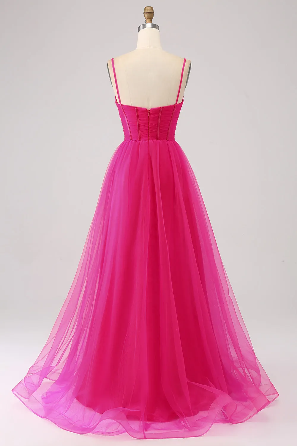 Fucsia A-Line Spalline sottili Abito Corsetto lungo Abito da ballo con Spacco