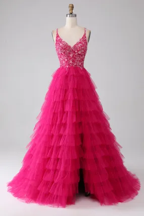 Fucsia Princess A-Line Spaghetti Straps Paillettes Abito da ballo lungo a più livelli con fessura