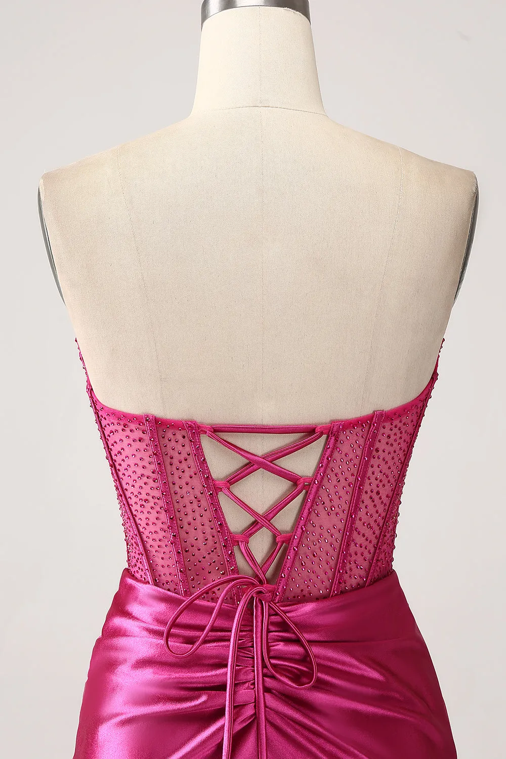 Fucsia Sirena Tesoro Plissettato Corsetto Lungo Abito Da Ballo In Raso Con Fessura