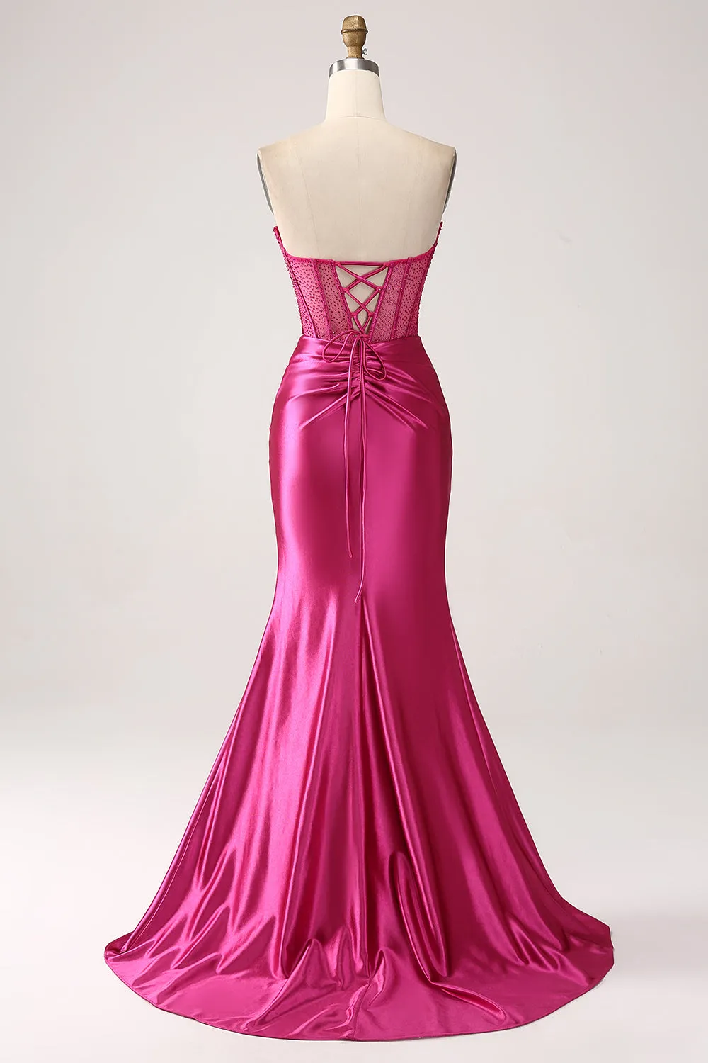 Fucsia Sirena Tesoro Plissettato Corsetto Lungo Abito Da Ballo In Raso Con Fessura
