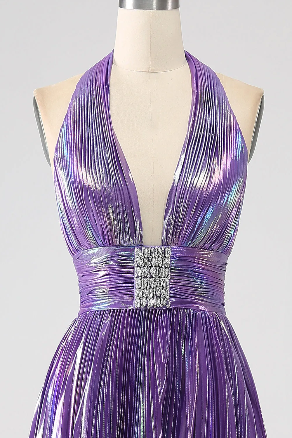 Glitter viola plissettato metallico lungo abito da ballo con fessura