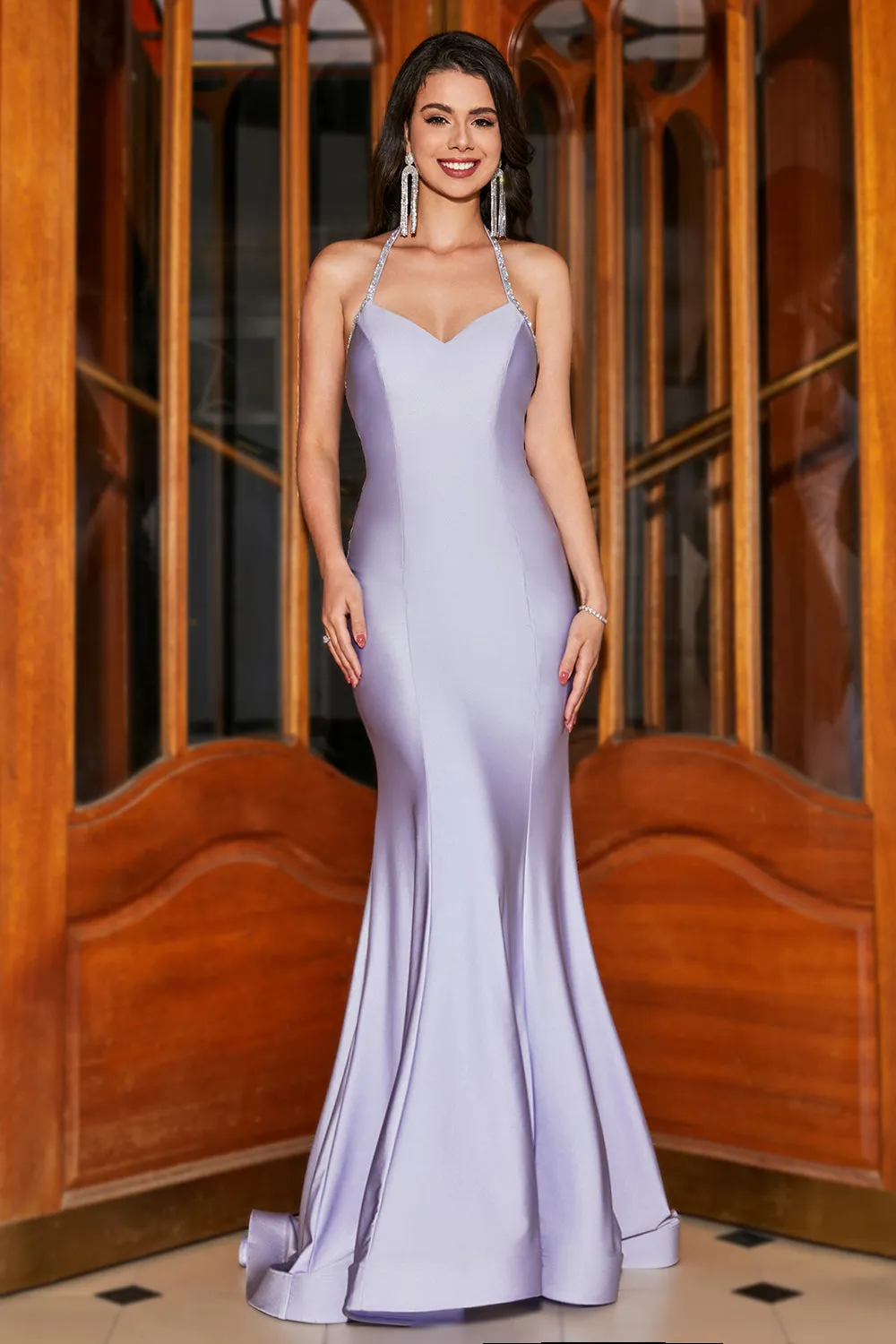 Halter Lilac Mermaid Spaghetti Straps Abito lungo da ballo con accessorio