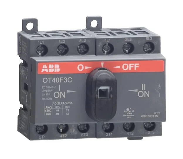 Interruttore commutazione ABB 1SCA104913R1001 OT40F3C serie OT, 3P, 40A, 690V ca, Montaggio su base OT40F3C, IP20