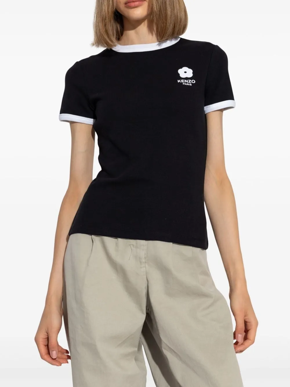 Kenzo T-shirt Nero Donna Fiore Boke Profili a Contrasto