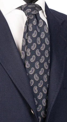 Man Blue Wool Silk Tie Blue Beige Paisley L235