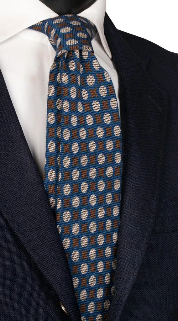 Man Deep Blue Wool Silk Tie Brown Beige Pattern L804