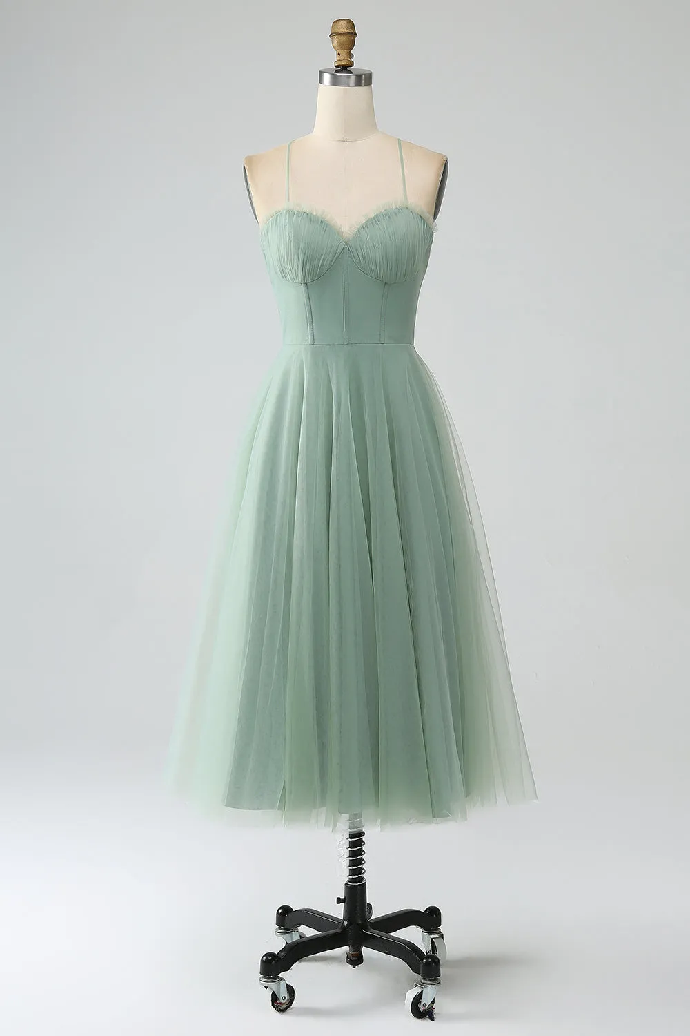 Matcha A-Line Spalline sottili Tea-Length Corsetto Tulle Abito da damigella d'onore