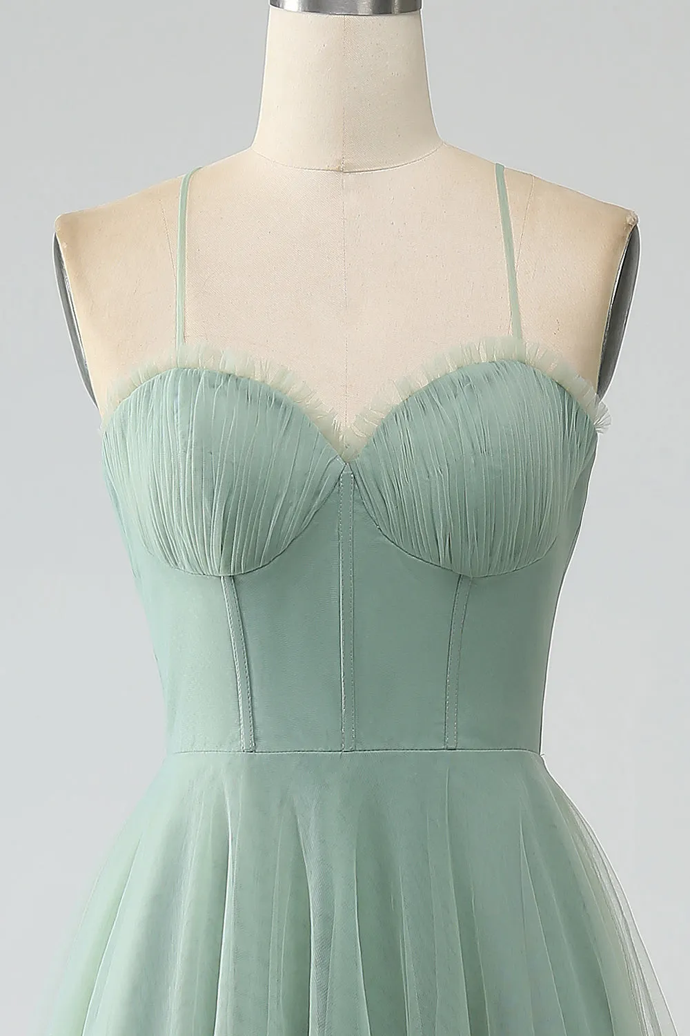Matcha A-Line Spalline sottili Tea-Length Corsetto Tulle Abito da damigella d'onore