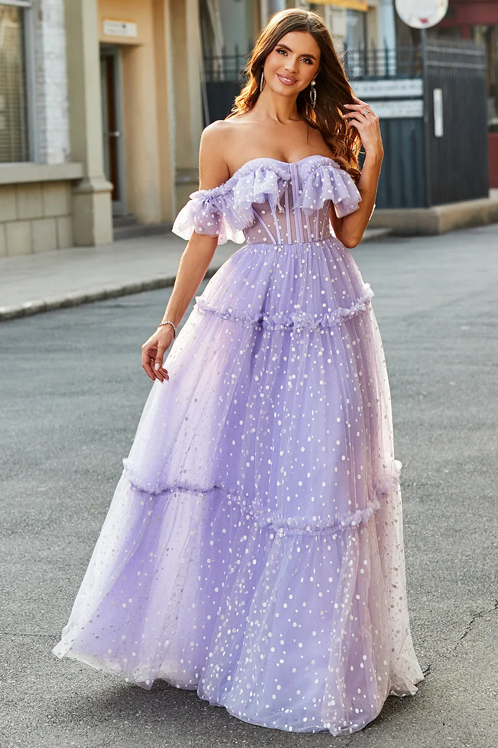 Off The Shoulder Corsetto lilla A-Line Abito lungo da ballo