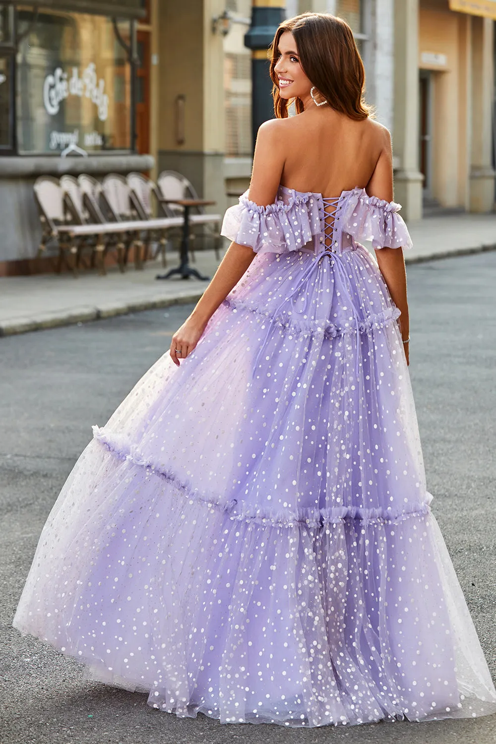 Off The Shoulder Corsetto lilla A-Line Abito lungo da ballo