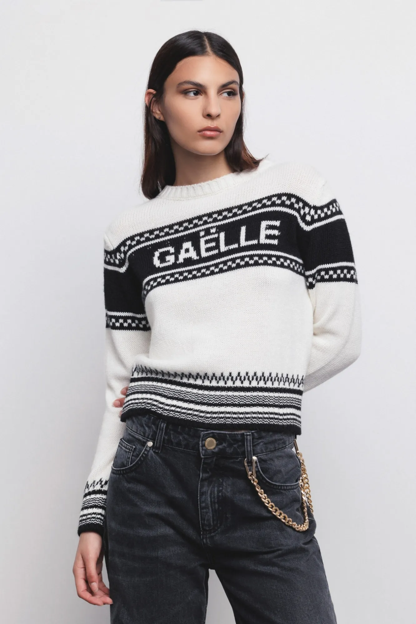 Pullover Girocollo Manica Lunga Offwhite-Nero - Gaëlle Paris