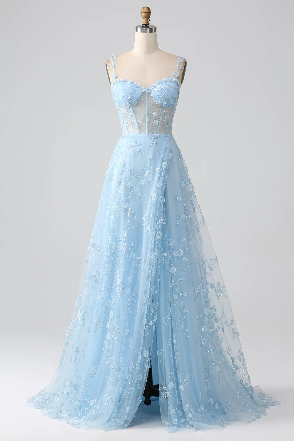 Scintillante Blush A Line Spalline sottili Paillettes Corsetto Abito da ballo Con Fessura