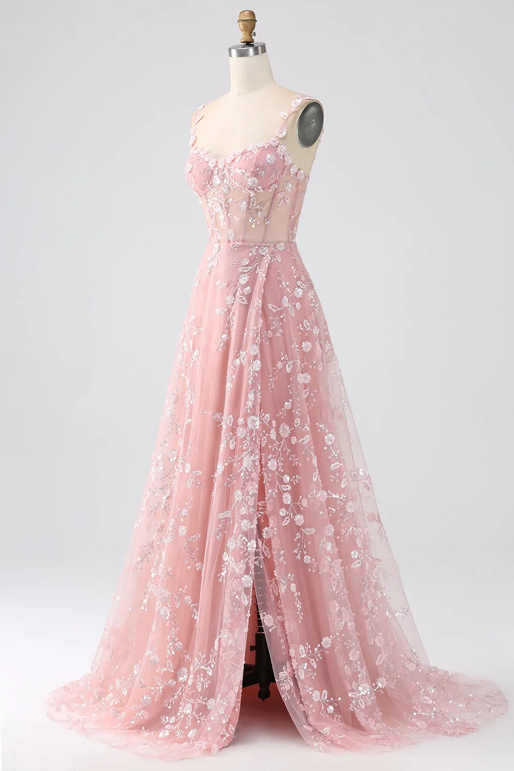 Scintillante Blush A Line Spalline sottili Paillettes Corsetto Abito da ballo Con Fessura
