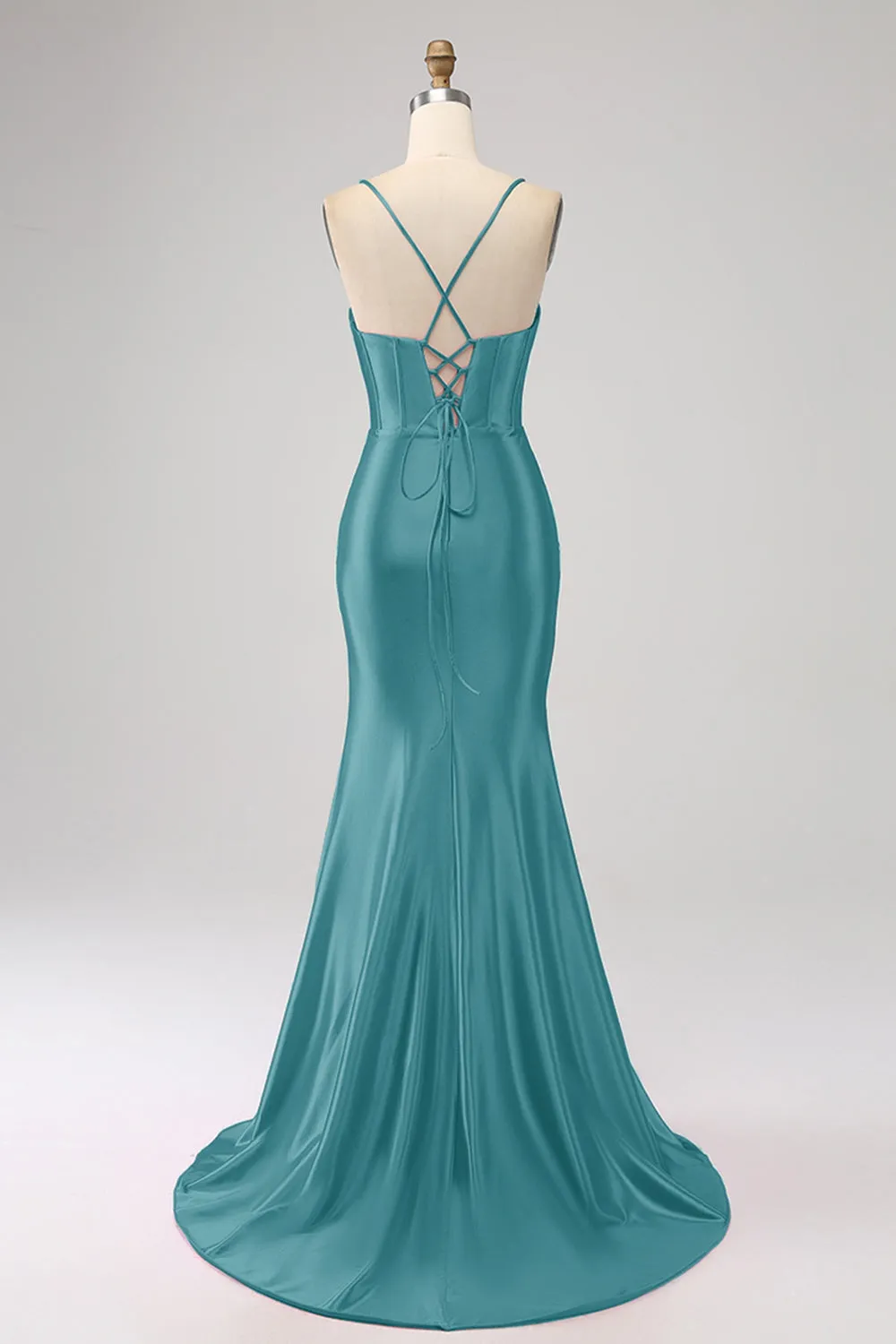 Splendida sirena nera Spalline sottili Corsetto Abito da ballo con spacco frontale
