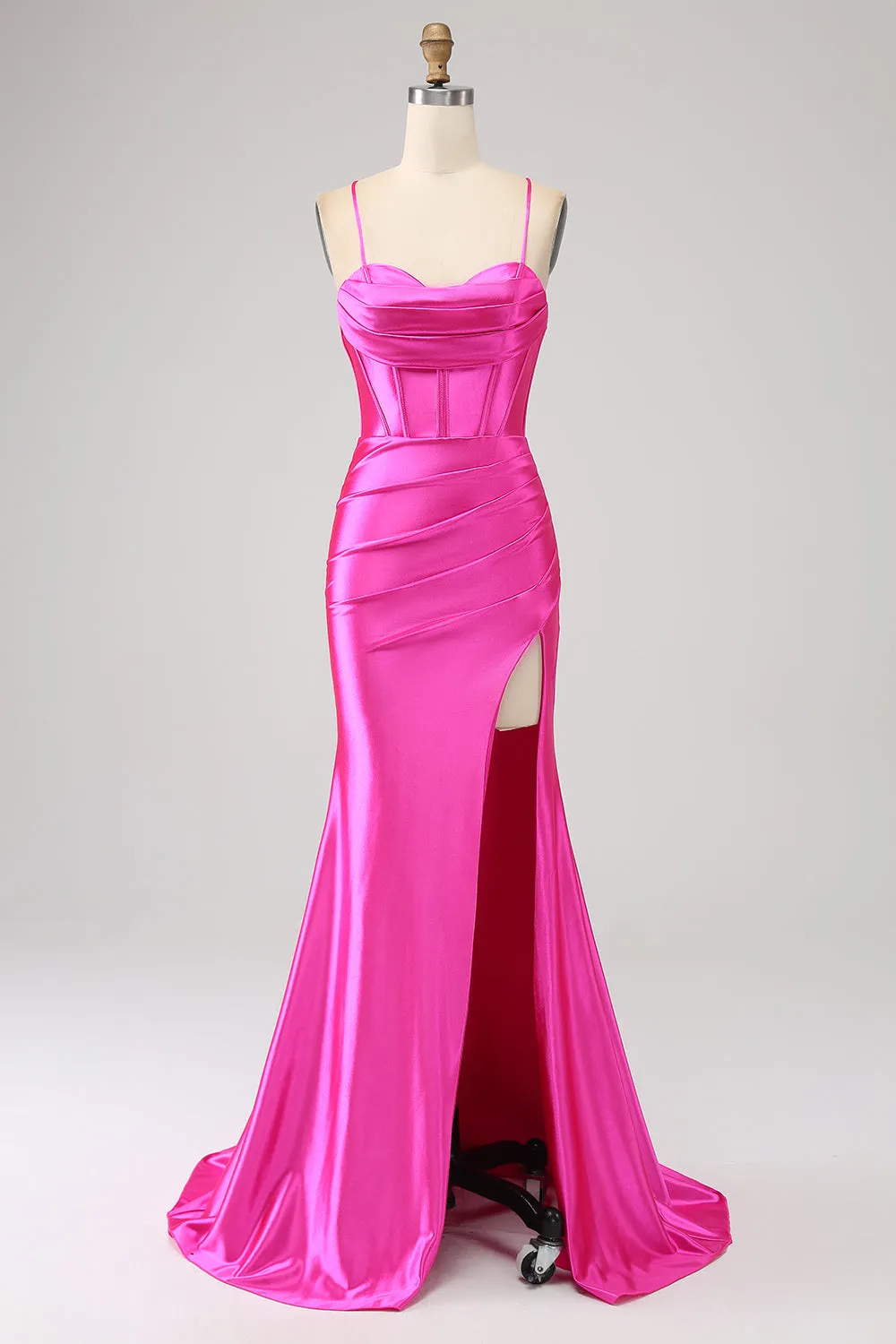 Splendida sirena rossa Spalline sottili Corsetto Abito da ballo con spacco anteriore