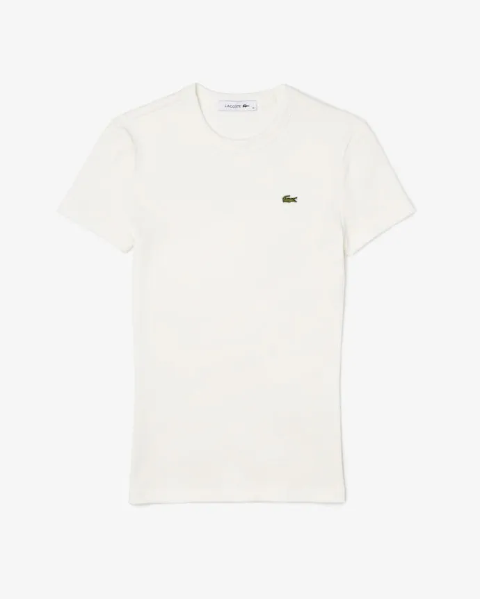 T-shirt girocollo color avorio in cotone a costine con logo verde ricamato sul petto