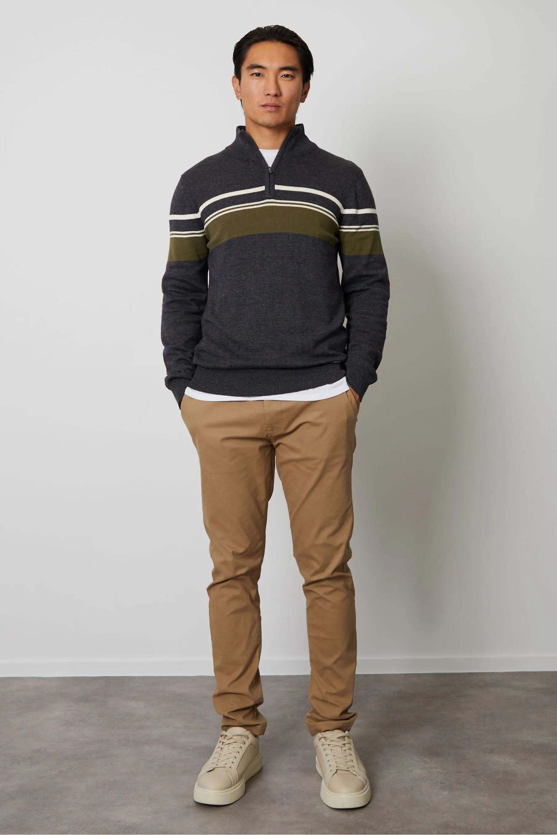 Threadbare Stripe Quarter Zip Knitted 100% Cotton Jumper    