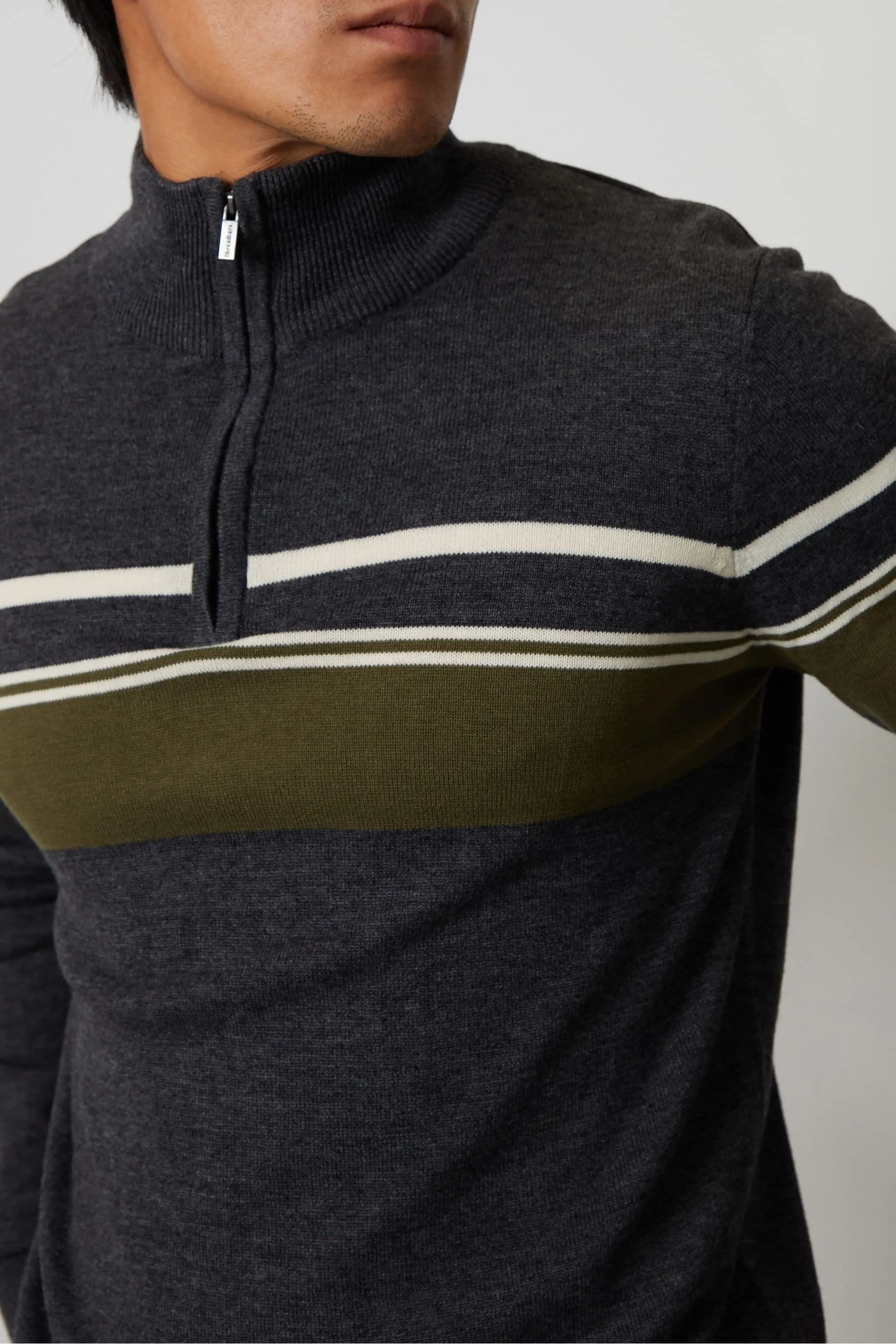 Threadbare Stripe Quarter Zip Knitted 100% Cotton Jumper    
