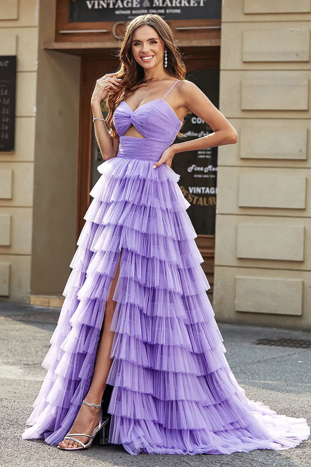 Tulle A-Line Viola Abito da ballo lungo a più livelli con fessura
