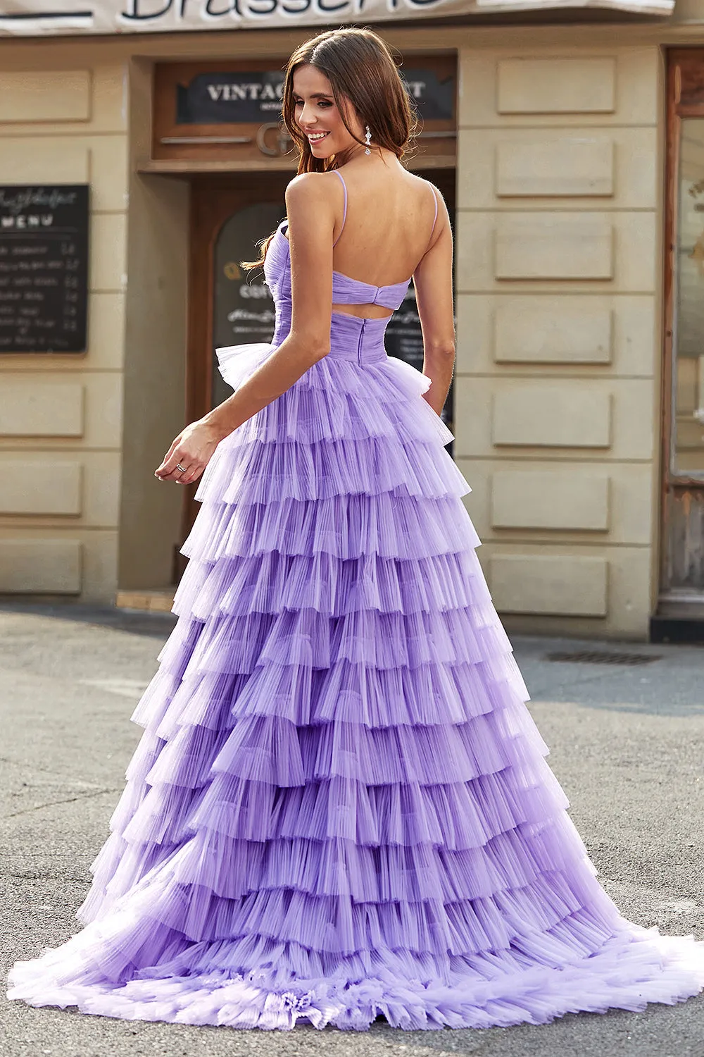 Tulle A-Line Viola Abito da ballo lungo a più livelli con fessura