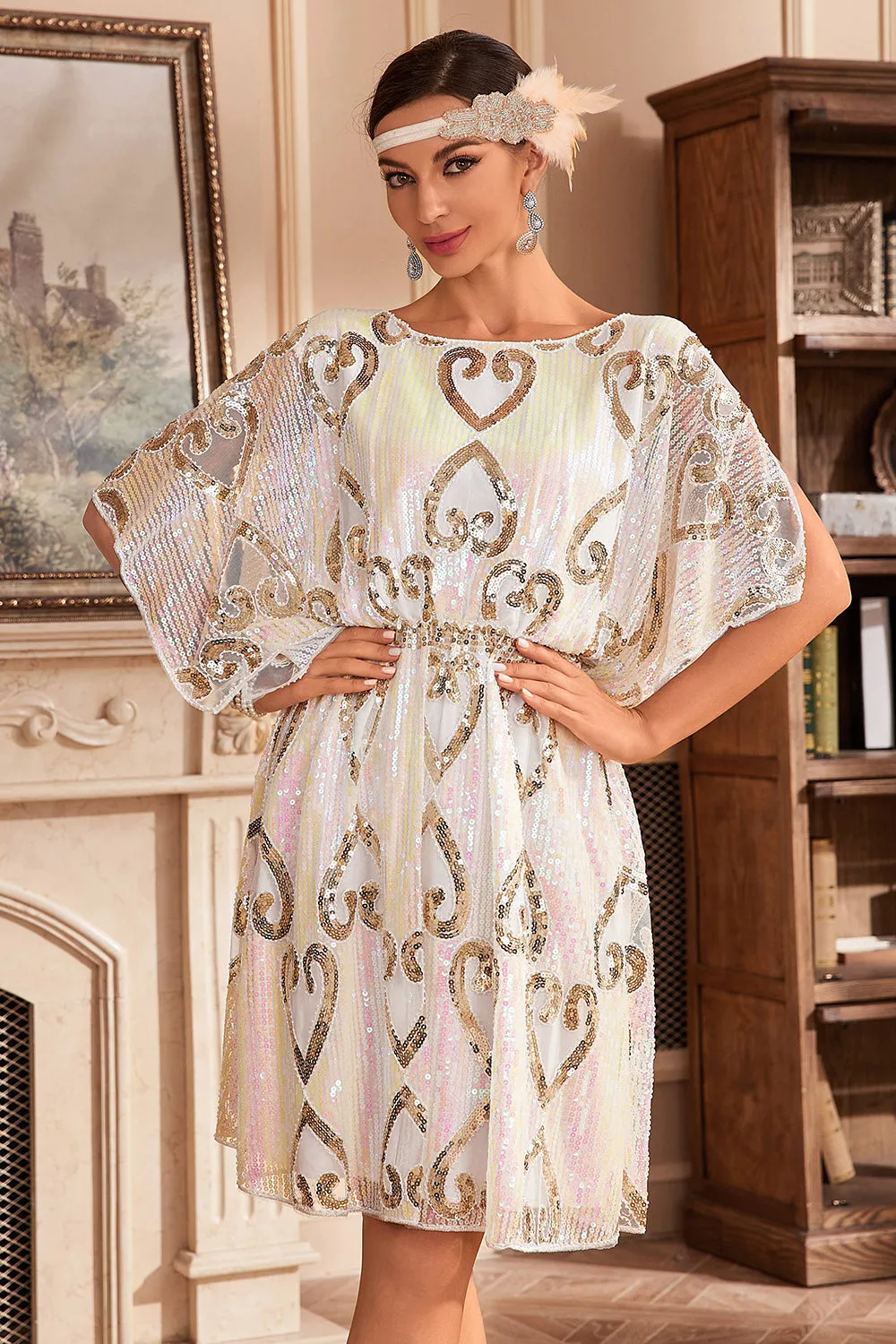 White Sparkly Batwing 1920s Abito con paillettes