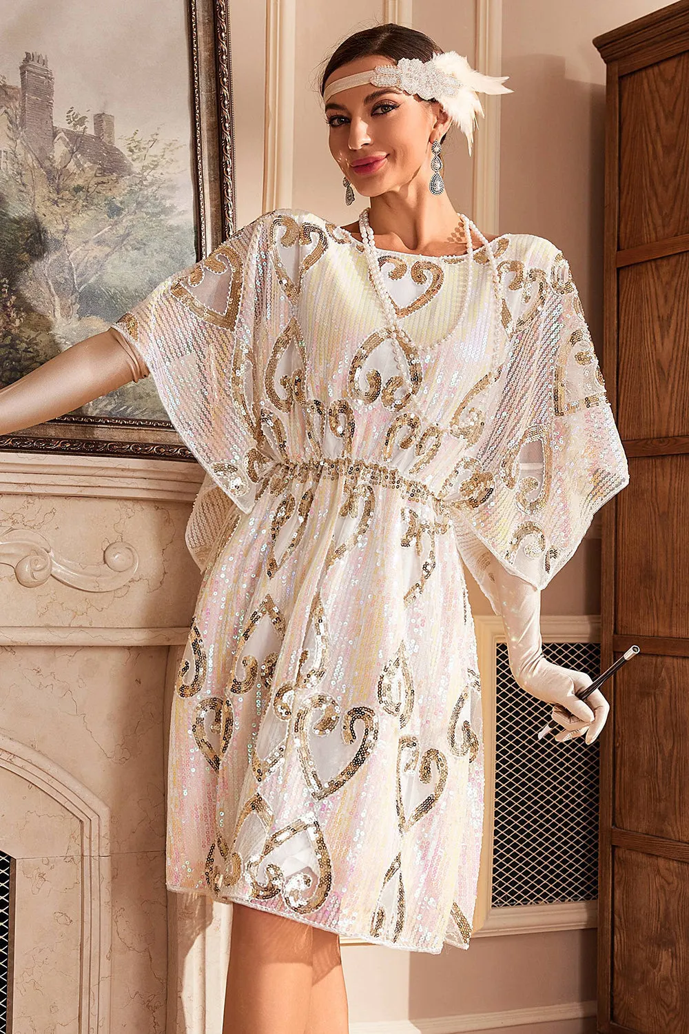 White Sparkly Batwing 1920s Abito con paillettes